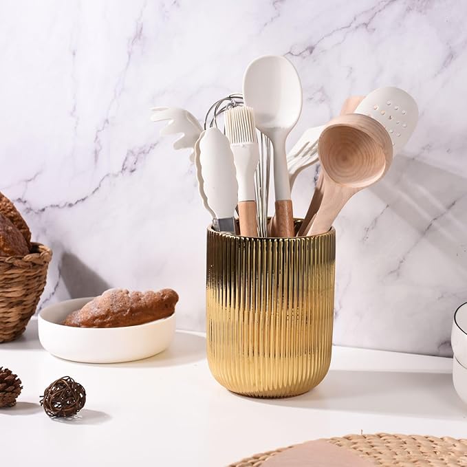 Utensil Holder, Ceramic Kitchen Gold Utensil Holder for Countertop,Cooking Utensil Crocks for Kitchen Counter 5.1 W x 6.6 H inches(stripes)