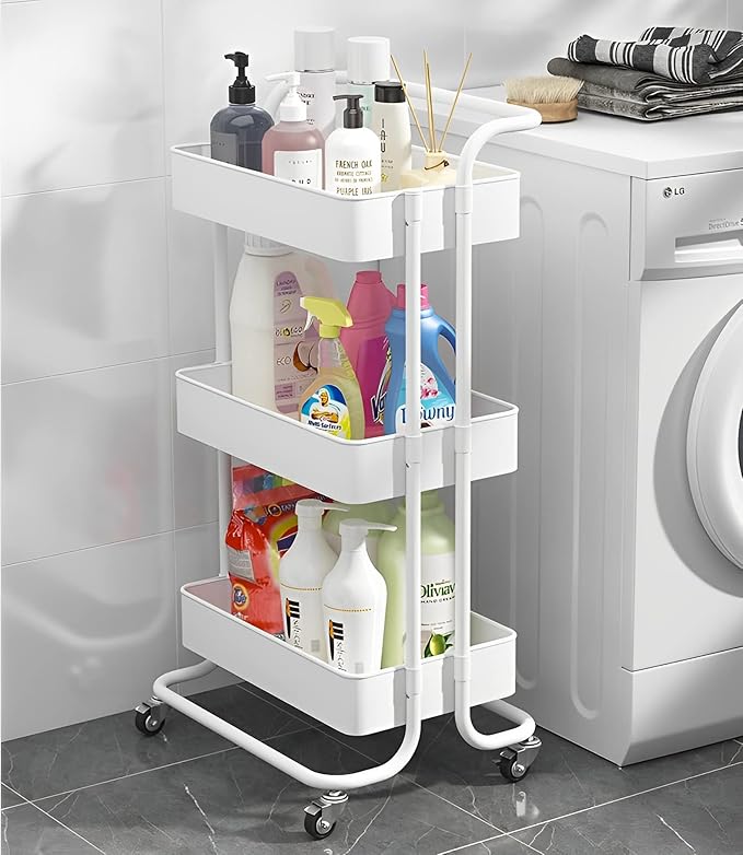 Sooyee 3 Tier Utility Cart,Rolling Cart with Handle and Lockable Wheels, Multi-Functional Storage Cart for Office, School,Living Room, Kitchen, Bathroom, Bedroom,Laundry, White
