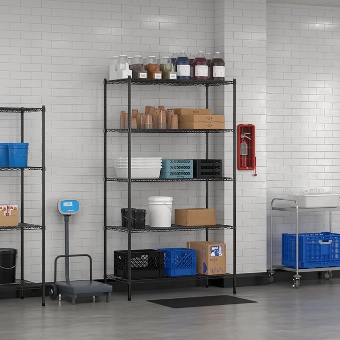 Commercial NSF Listed Black Epoxy Stationary Wire Shelving Kit 24" x 48" x 86", with 5 Shelves Perfect for Warehouse, Walk-in Refrigerator, Freezer, Grocery Store, Restaurant, Dishroom
