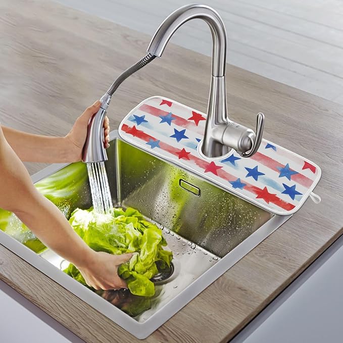 2 PCS Kitchen Sink Splash Guard 30 Inch Faucet Mat for Kitchen Sink Bathroom Sink Faucet Absorbing Drip Drain Mat Pad Microfiber Soft Washable White and Red Patriotic Striped Stars