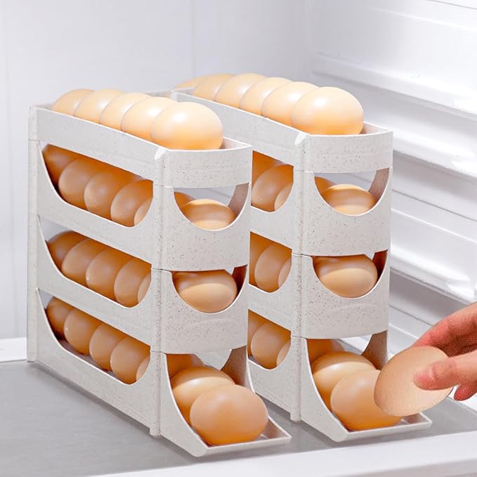 Egg Holder for Fridge | 4 Tier Automatic Rolling Storage Rack,Large Capacity Clear Egg Dispenser,for Freezer Side Door Home Kitchen Cabinet Holds Up To 30 Piece