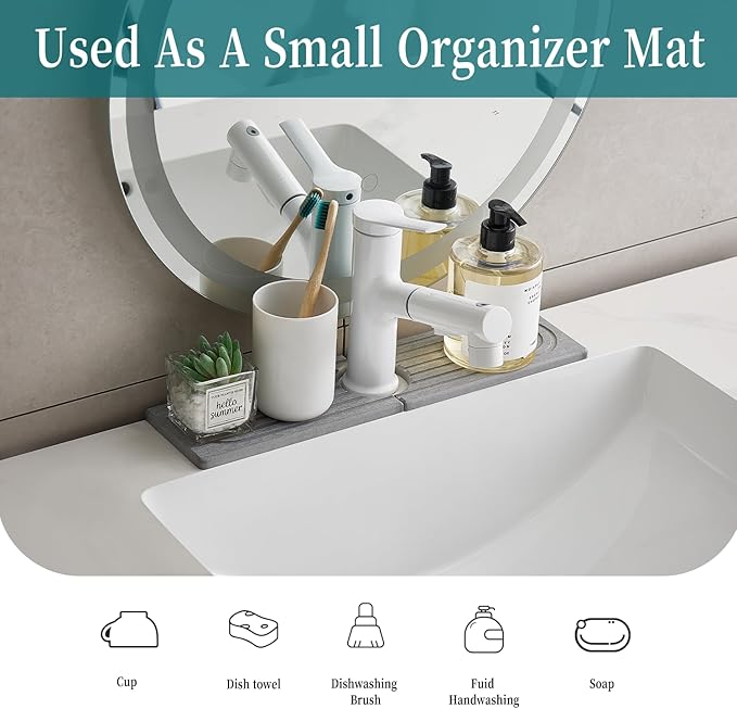 ODE TO ORDER Stone Faucet Mat for Kitchen Sink, kitchen sink splash guard for Bathroom Counter,15.7 Inch Light Grey Diatomite water-Absorbing Drying Stone Mat, Sink faucet Stone Tray Protector