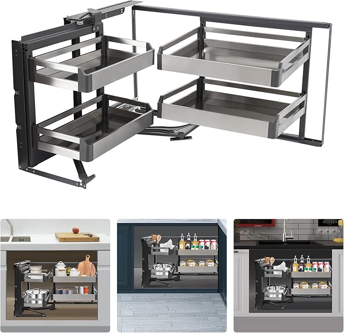 2 Tier Blind Corner Cabinet Pull Out Organizer, Left Pull-Out Shelf with 4 Baskets Stainless Steel Swivel Corner Cabinet Organizer for Kitchen Base Cabinet