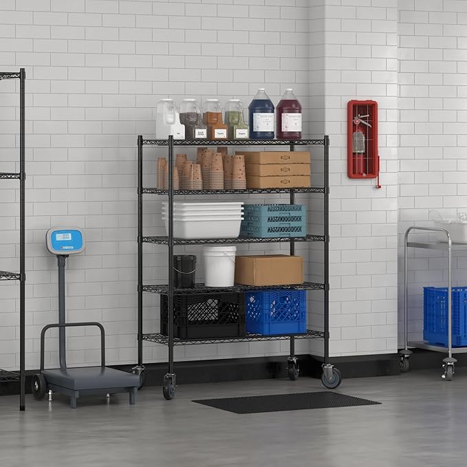 Commercial NSF Listed Black Epoxy Mobile Wire Shelving Kit 18" x 42" x 60", with 5 Shelves Perfect for Warehouse, Walk-in Refrigerator, Freezer, Grocery Store, Restaurant, Dishroom