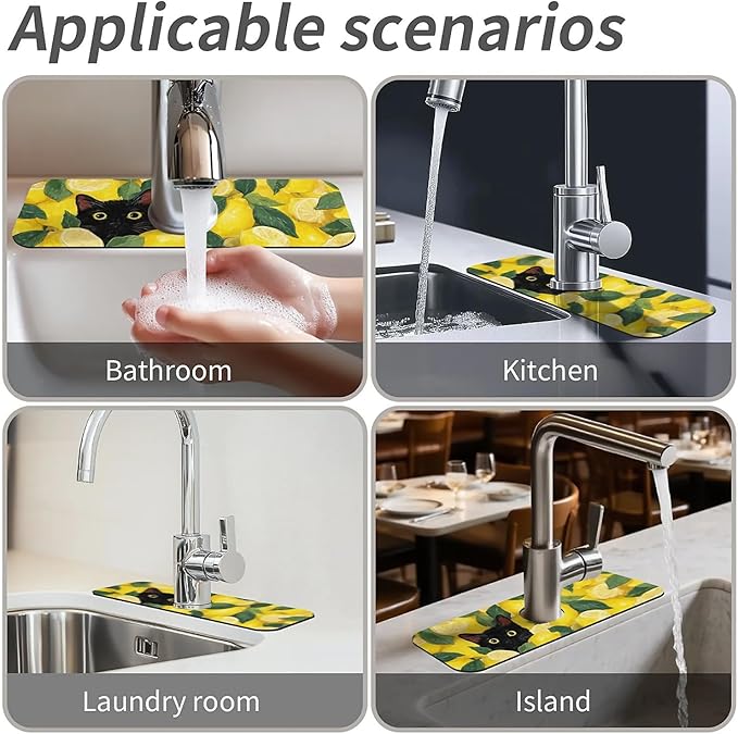 Kitchen Sink Splash Guard,Lemons and Cat Faucet Mat Sink Gadgets-Super Absorbent Fast Drying Mat Drip Catcher for Kitchen, Bathroom,Sink Mat, Dish Drying Mat, Bathroom(15" X 5.5" )