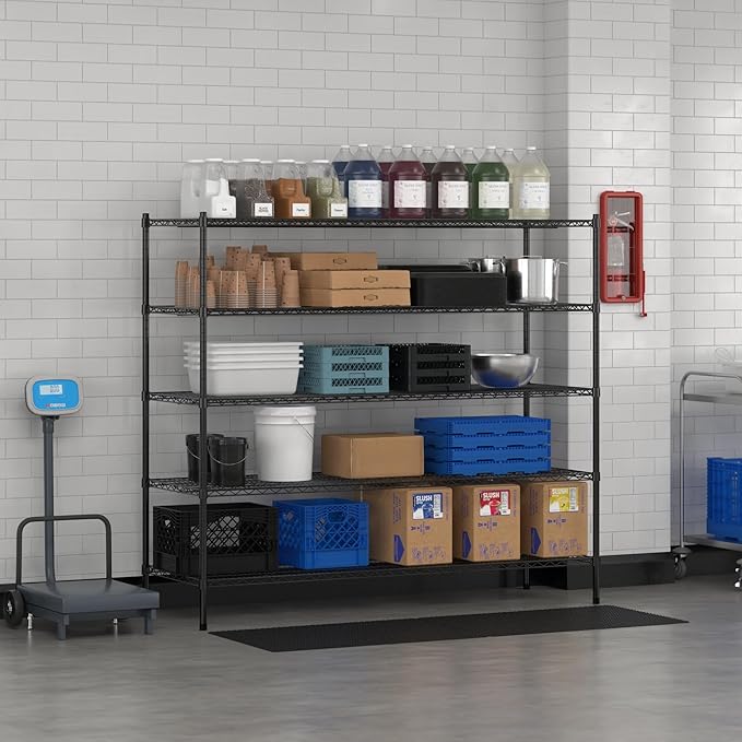 Commercial NSF Listed Black Epoxy Stationary Wire Shelving Kit 24" x 72" x 64", with 5 Shelves Perfect for Warehouse, Walk-in Refrigerator, Freezer, Grocery Store, Restaurant, Dishroom