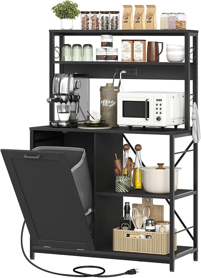 HOOBRO Bakers Rack with Power Outlet, Microwave Stand with Trash Can Bin Cabinet, 5-Tier Kitchen Storage Shelf Cabinet, Tall Coffee Bar Table Station for Dining Room, Living Room, Black BB50UHB01