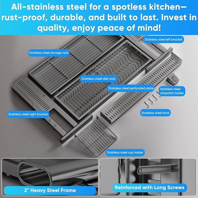Large Over The Sink Dish Drainer Drying Rack,2 Tier Large Capacity Stainless Steel Dish Drying Rack Over Sink, Multifunctional Kitchen Organizers and Storage Dish Rack (Black, Double Layer)