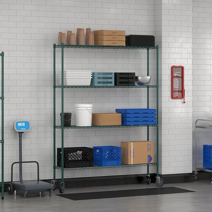 Commercial NSF Listed Green Epoxy Mobile Wire Shelving Kit 12" x 60" x 80", with 4 Shelves Perfect for Warehouse, Walk-in Refrigerator, Freezer, Grocery Store, Restaurant, Dishroom