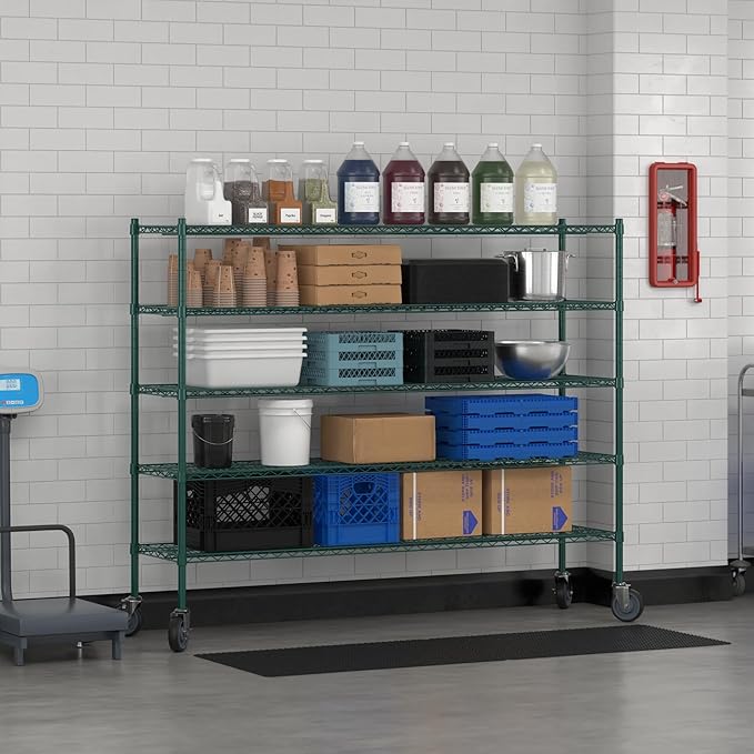 Commercial NSF Listed Green Epoxy Mobile Wire Shelving Kit 18" x 72" x 60", with 5 Shelves Perfect for Warehouse, Walk-in Refrigerator, Freezer, Grocery Store, Restaurant, Dishroom