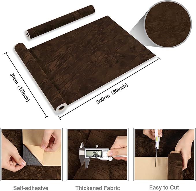 CRE8TIVE Brown Crinkle Crushed Felt Drawer Liners 12"x80" Self Adhesive Velvet Flocking Liner for Jewelry Box Lining Brown Peel and Stick Wallpaper Velvet Drawer Liner for Bedroom Dressers Art Crafts