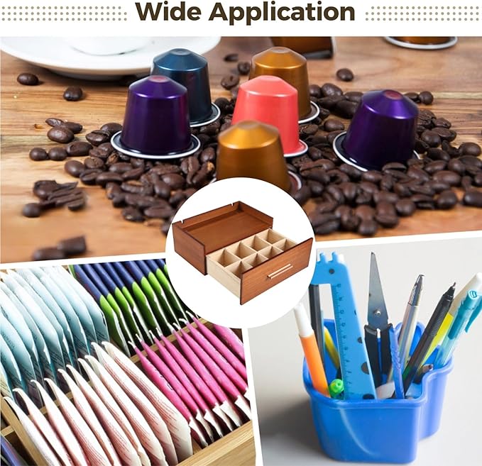 Wooden Tea Bag Organizer, Tea Storage Box for Countertop, Tea Station Organizer with Cable Slots, Multi-Functional Tea Bag Organizer with 8 Compartments & Removable Drawer Dividers