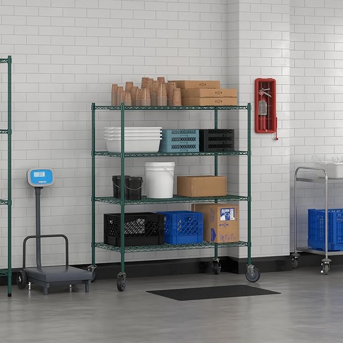 Commercial NSF Listed Green Epoxy Mobile Wire Shelving Kit 24" x 48" x 60", with 4 Shelves Perfect for Warehouse, Walk-in Refrigerator, Freezer, Grocery Store, Restaurant, Dishroom