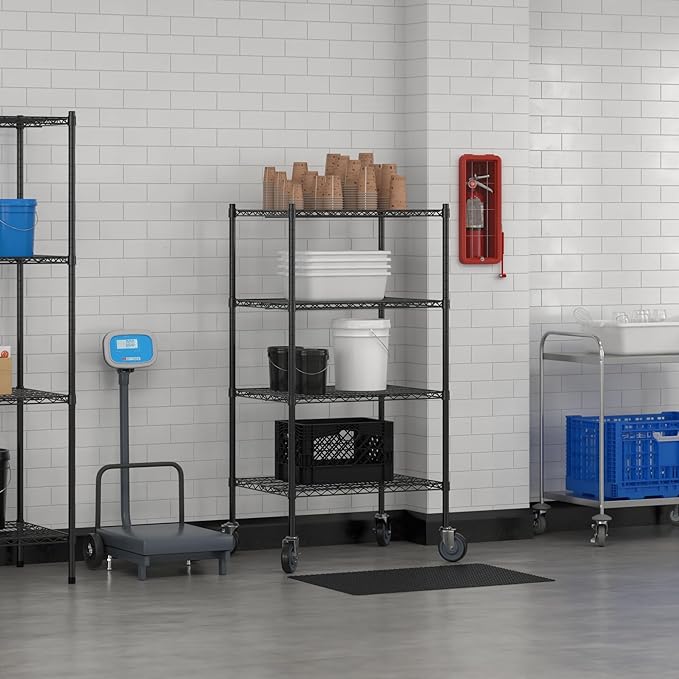 Commercial NSF Listed Black Epoxy Mobile Wire Shelving Kit 24" x 30" x 60", with 4 Shelves Perfect for Warehouse, Walk-in Refrigerator, Freezer, Grocery Store, Restaurant, Dishroom