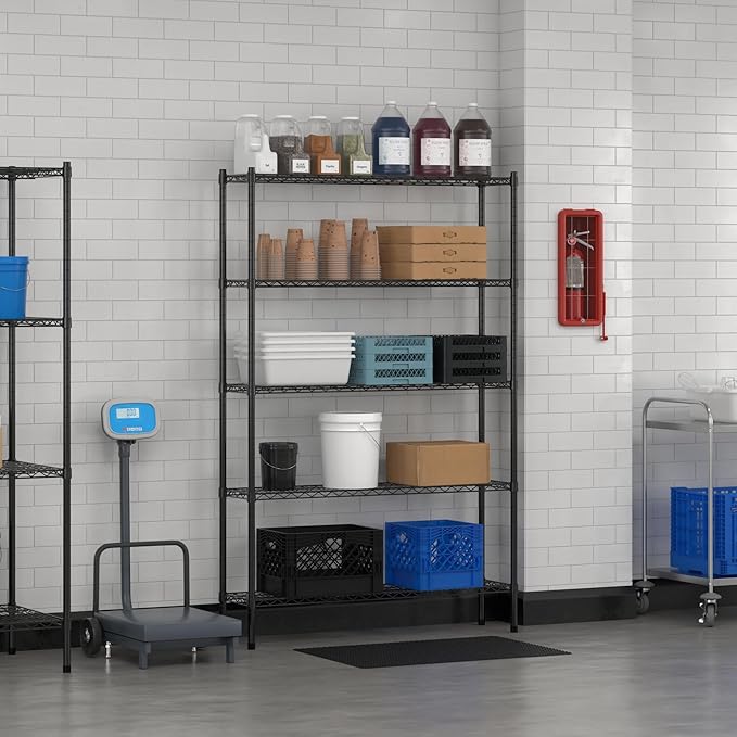 Commercial NSF Listed Black Epoxy Stationary Wire Shelving Kit 12" x 48" x 74", with 5 Shelves Perfect for Warehouse, Walk-in Refrigerator, Freezer, Grocery Store, Restaurant, Dishroom