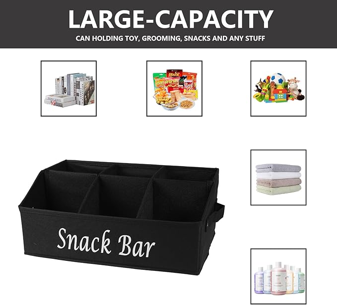 Snack Organizer for Countertop, Fabric Snack Bar Station with Handles, 6 Compartment Container, Black 【Patent Pending】