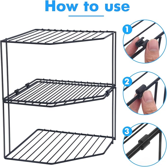 AKAZA 2Pcs 2-Tier Corner Stackable Organizer Shelf for Kitchen - Cabinet Storage Shelf Rack, Shelves,Kitchen Counter and Cabinet Shelf, Storage Rack Organizer (Black)