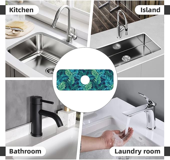 Palm Leaves Tropical Summer Green Hawaiian Kitchen Sink Splash Guard Faucet Mat Super Absorbent Fast Drying Mat Sink Gadgets-Fast Drying Pad Sink Mat For Kitchen Bathroom (15" X 5.5" )