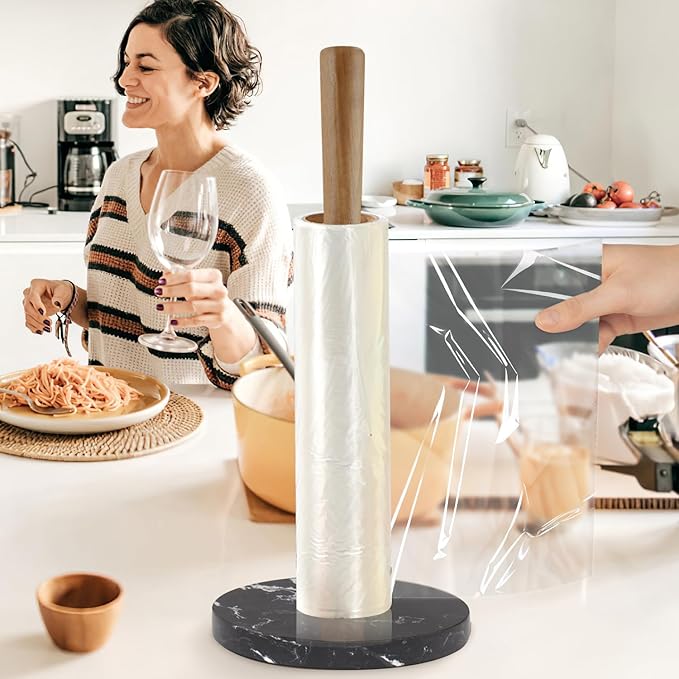 Buruis Wood Paper Towel Holder, Marble Base Modern Decorative Countertop Standing Rolls Holder for Kitchen, Toilet, Pantry and Bathroom (Marble Base Black)