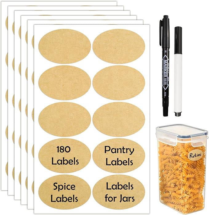 JIEHENG 180Pcs Chalkboard Labels for Jars, Waterproof Reusable Blackboard Stickers with 2 Liquid Chalk Markers, Organization Labels Removable (Brown, Round)