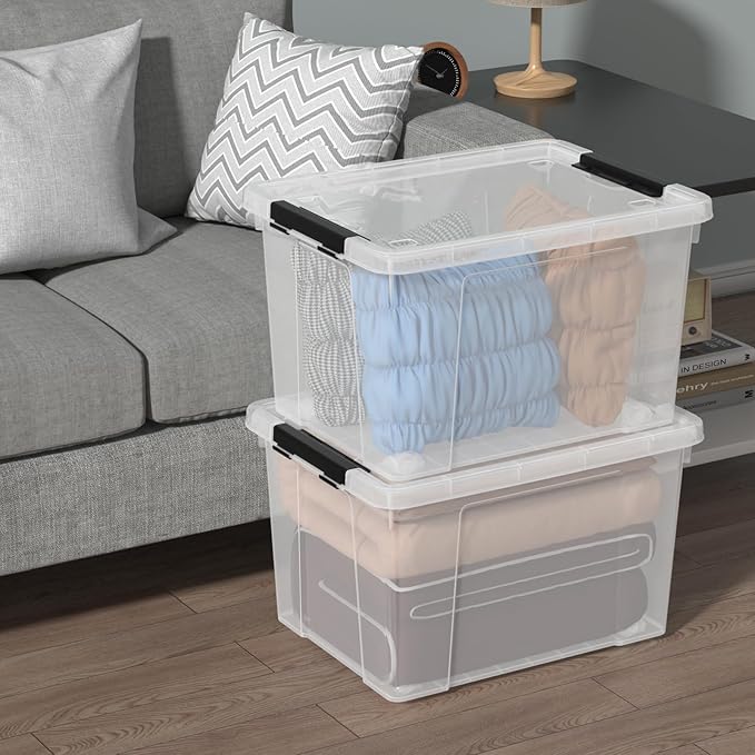 Parlynies 4-Pack Holiday Tote, Plastic Storage Organizer Bins with Wheels, 50 L, Clear, Stackable Organizing Containers for Home, Garage, and Office