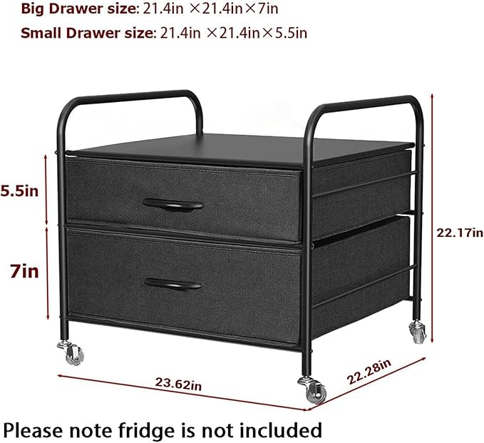Mini Fridge Stand with Storage, Mini Fridge Stand, 2 Drawer Dorm Fridge Cart, Organizer Unit for Mini Fridge, Fridge Stand Table, Mini Fridge Table with Swivel Wheels, Black
