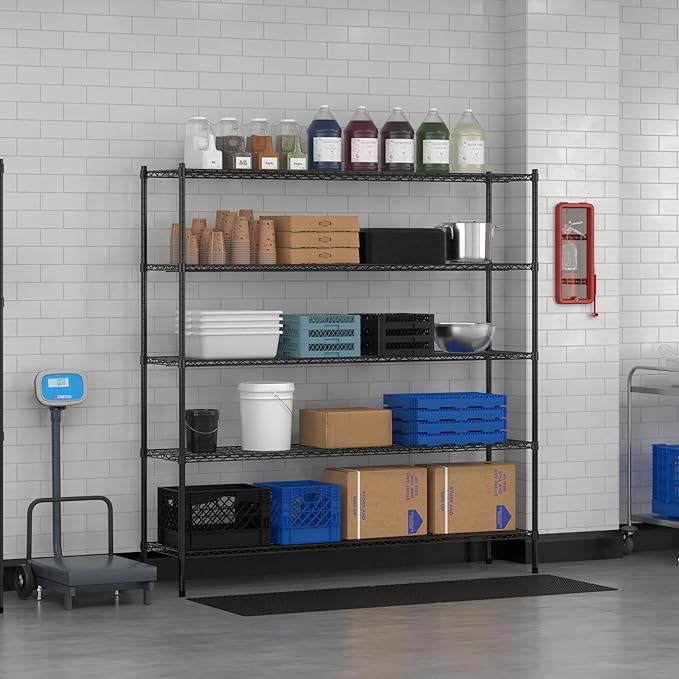 Commercial NSF Listed Black Epoxy Stationary Wire Shelving Kit 18" x 72" x 74", with 5 Shelves Perfect for Warehouse, Walk-in Refrigerator, Freezer, Grocery Store, Restaurant, Dishroom