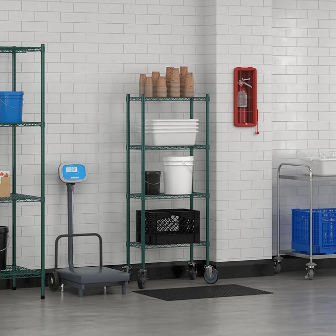 Commercial NSF Listed Green Epoxy Mobile Wire Shelving Kit 12" x 24" x 60", with 4 Shelves Perfect for Warehouse, Walk-in Refrigerator, Freezer, Grocery Store, Restaurant, Dishroom