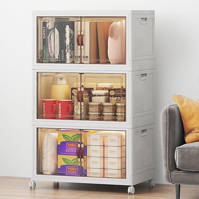 VNVTO Stackable Storage Bins with Lids, Large Collapsible Storage Bins with Wheels, Plastic Cabinet with Doors, Foldable Closet Organizers for Home, Dorm, Office (White-55QT, 3Pack with 1Top Lid)