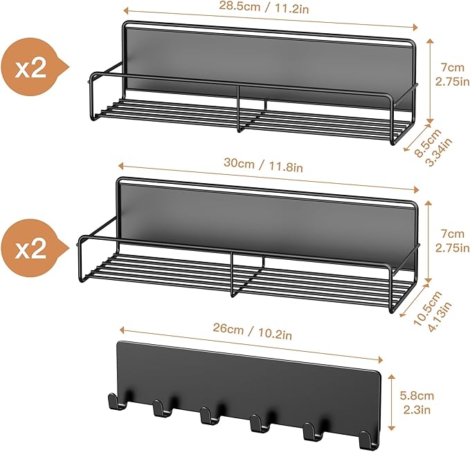 Mystozer 5-Pack Moveable Magnetic Spice Rack Organizer With 6 Hooks for Refrigerator, Metal Fridge Shelf, Black