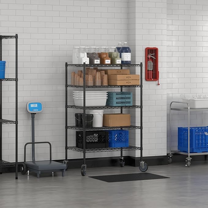 Commercial NSF Listed Black Epoxy Mobile Wire Shelving Kit 24" x 36" x 60", with 5 Shelves Perfect for Warehouse, Walk-in Refrigerator, Freezer, Grocery Store, Restaurant, Dishroom