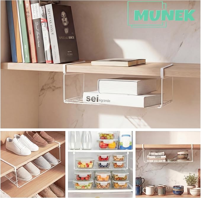 MUNEK Under Shelf Basket Storage 2 Pack White Space-Saving with Extra Layer Lightweight & Quick to Install Non-Slip16.1"D x 8.46"W