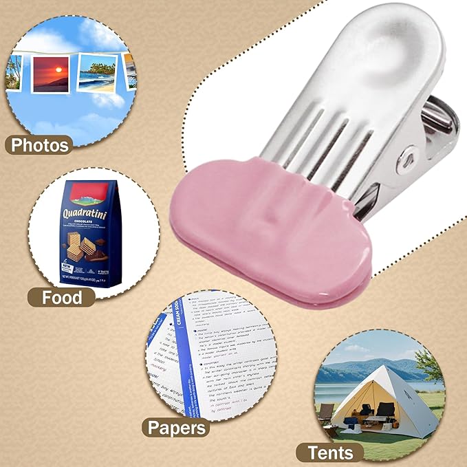 PHITUODA 12 Pack Chip Bag Clips with Silicone Edges, 1.5 Inches Wide Chip Clips Food Clips Bag Clips Stainless Steel Food Bag Clips - Air Tight Seal, Heavy Duty for Kitchen and Office, Pink