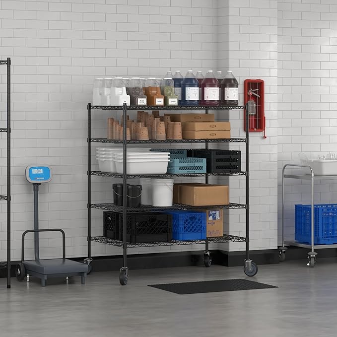 Commercial NSF Listed Black Epoxy Mobile Wire Shelving Kit 30" x 48" x 60", with 5 Shelves Perfect for Warehouse, Walk-in Refrigerator, Freezer, Grocery Store, Restaurant, Dishroom