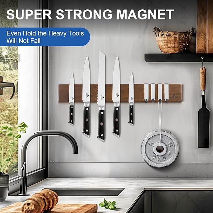 ENOKING 16 Inch Strong Magnetic Knife Holder for Wall, Solid Acacia Wood Knife Bar with 4 Hooks, 3-Way Installation: No-Drill Wall Mount, Screw Mount, & Refrigerator Slip-Proof Magnet Strip