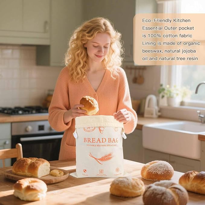 HOYEEFOU 2-Pack Reusable Beeswax Bread Bags for Homemade Bread & Sourdough,100% Linen Waxed Bags Keeps Fresh Longer,XL Eco-Friendly Fresh Food Storage,Freezer Safe
