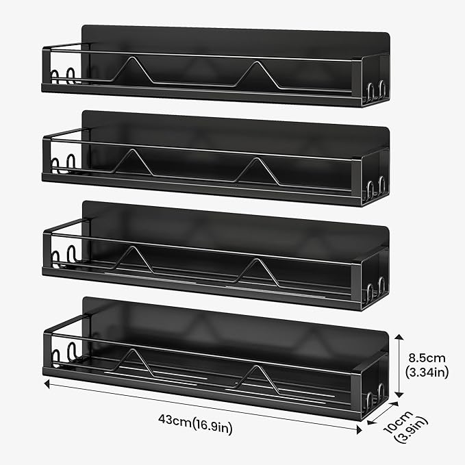 Mystozer 16.9 Inch Wide Large Capacity Magnetic Spice Rack for Refrigerator, 4 Pack Metal Fridge Shelf, Black