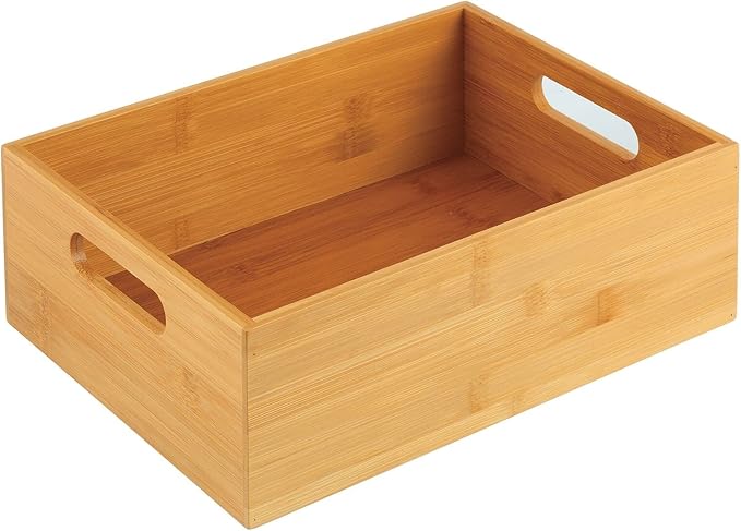 mDesign Bamboo Kitchen Cabinet & Fridge Drawer Organizer Tray with Handle - Storage Bin for Cutlery, Serving Spoons, Cooking Utensils, Gadgets - Natural Wood Finish
