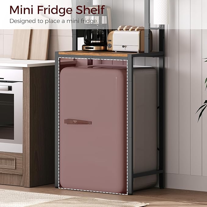 Bakers Rack with Mini Fridge Shelf, 3-Tier Microwave Stand, Coffee Bar Station with Paper Holder, Freestanding Kitchen Storage Rack, for Kitchen, Rustic Brown and Black BRHR5401