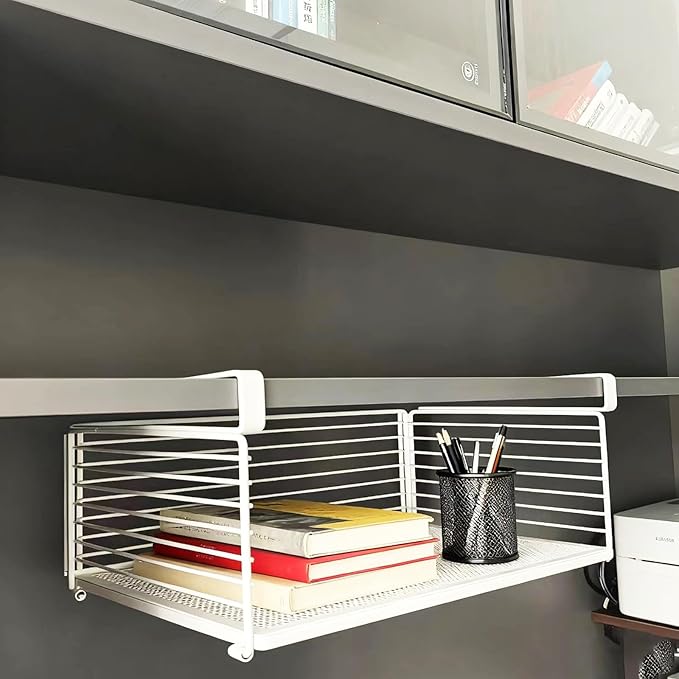 Under Shelf Basket - Heavy Duty Slide-In Metal Wire Hanging Organizer, Space Saving Storage Rack for Kitchen Cabinet, Pantry, Closet, Office (White)
