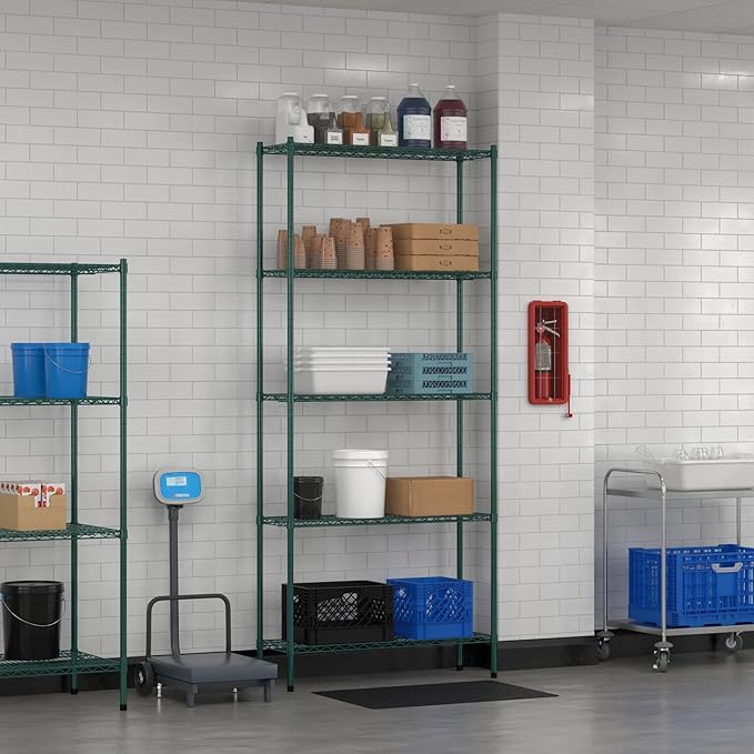 Commercial NSF Listed Green Epoxy Stationary Wire Shelving Kit 14" x 42" x 96", with 5 Shelves Perfect for Warehouse, Walk-in Refrigerator, Freezer, Grocery Store, Restaurant, Dishroom