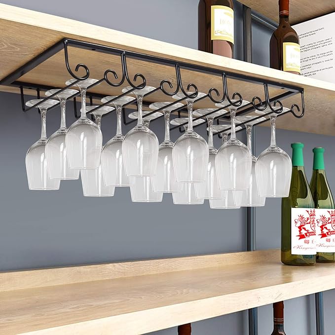 MOCOUM Under Cabinet Wine Glass Rack Stemware Rack, Wine Glasses Hanger Rack Wire Wine Glass Holder Storage Hanger for Cabinet Kitchen Bar (Black, 5 Rows 1 Pack)