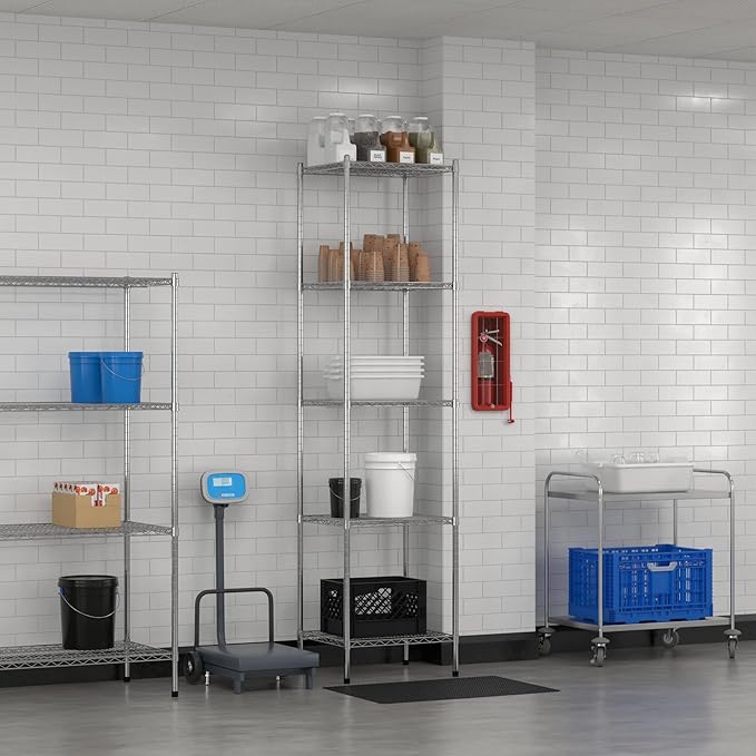 Commercial NSF Listed Chrome Stationary Wire Shelving Kit 21" x 24" x 96", with 5 Shelves Perfect for Warehouse, Walk-in Refrigerator, Freezer, Grocery Store, Restaurant, Dishroom