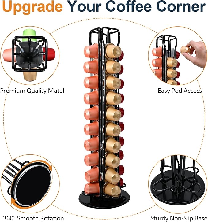Coffee Pod Holder Carousel for Nespresso OriginalLine – 360° Rotating Capsule Organizer Holds 40 Pods, Space-Saving Countertop Storage Organizer Espresso Pod Rack for Home & Office (Black)