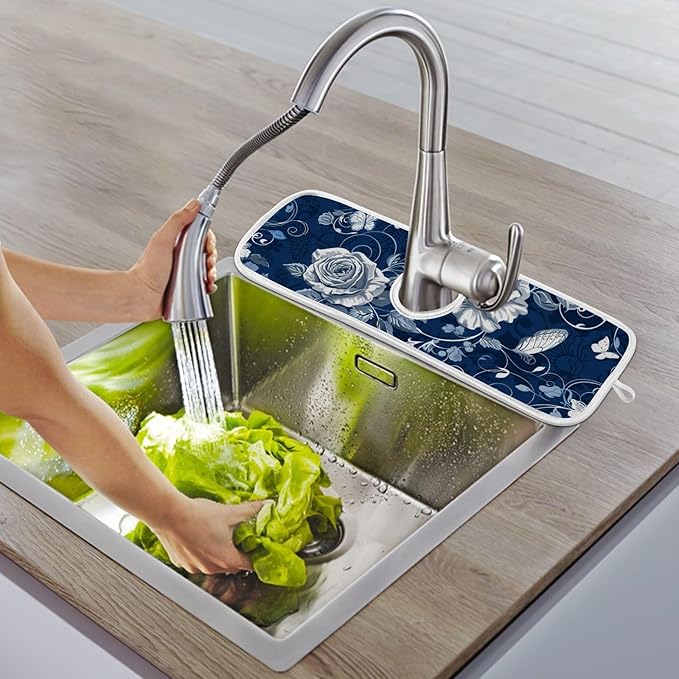 2 PCS Kitchen Sink Splash Guard 14.9 Inch Faucet Mat for Kitchen Sink Bathroom Sink Faucet Absorbing Drip Drain Mat Pad Microfiber Soft Washable Navy Blue Roses and Butterflies