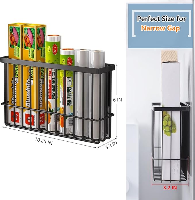 Winbell Magnetic Basket Kitchen Refrigerator Organizer Foil and Plastic Wrap Organizer for Fridge Heavy Duty Metal Storage (10.25" L x 3.2" W x 6" H, Black)