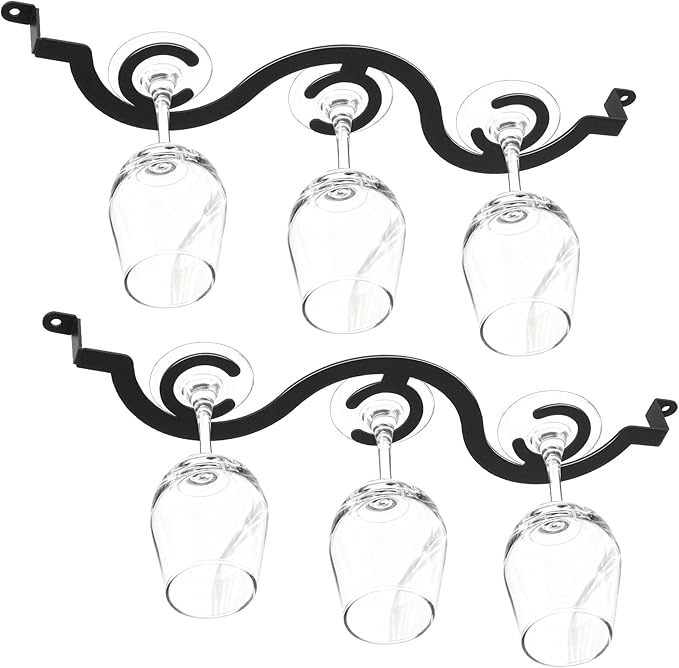 Under Cabinet Wine Glass Rack/Stemware Holder, 15.35 inch Glass Storage Hanger Organizer, for Kitchen and Bar, 2 Pack (Black)