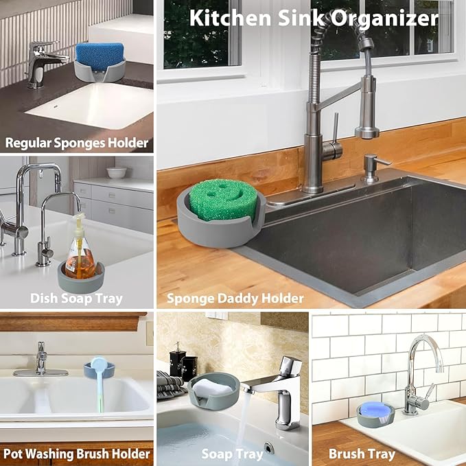 Sponge Holder for Scrub Daddy with Suction Cups and Drain Spout Kitchen Sink Caddy Organizer, Large Soap Dishes Accessories Rack, Dishwasher Safe - 5.3"x5.3", Grey