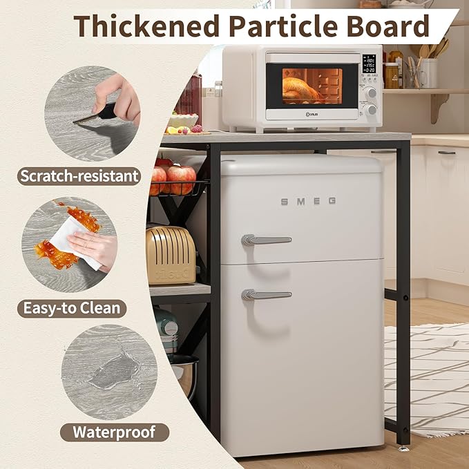 Kitchen Bakers Rack with Power Outlet,Mini Fridge Cabinet with Mesh Basket, Mini Fridge and Microwave Table with Storage for Office,Kitchen,Living Room,Coffee Bar,Patio,Greige