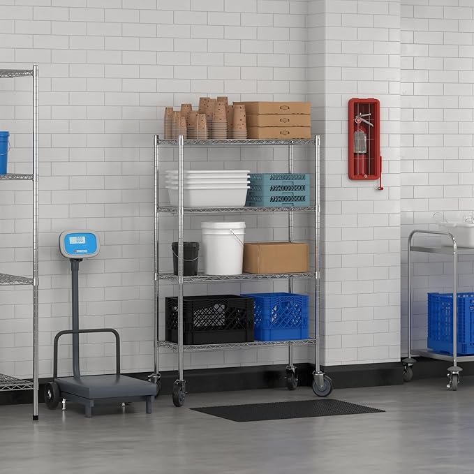 Commercial NSF Listed Chrome Mobile Wire Shelving Kit 14" x 36" x 60", with 4 Shelves Perfect for Warehouse, Walk-in Refrigerator, Freezer, Grocery Store, Restaurant, Dishroom